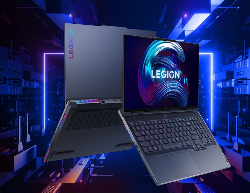 Front view of Lenovo Legion 7 laptop open 135 degrees, tilted forward off its base showing keyboard, display screen and angled to show left side ports and mirrored view of back side.