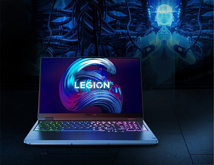 Front view of Legion laptop open 90 degrees, showing display screen and keyboard.