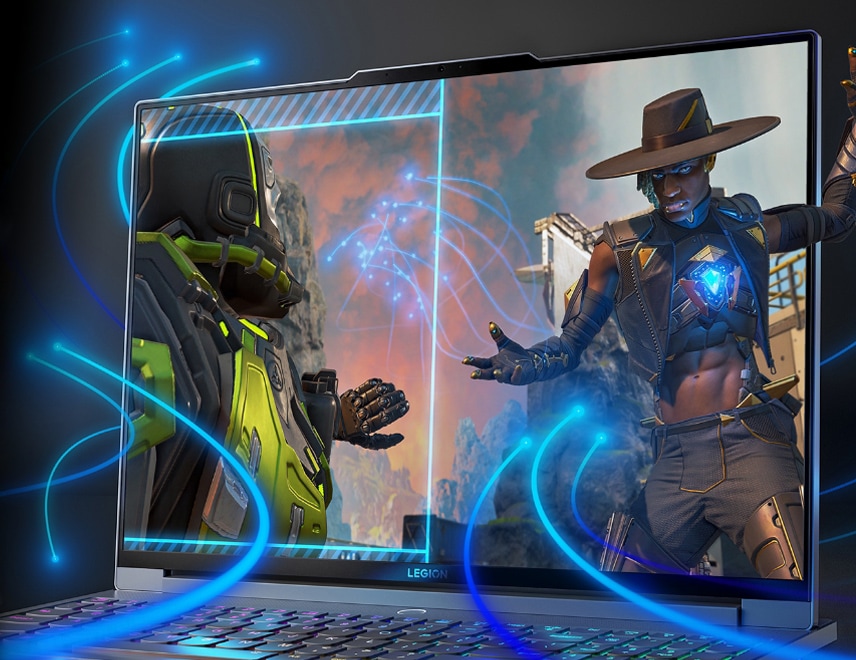 Front view of Legion 7 laptop open 90 degrees, angled to the left showing close up of display screen.