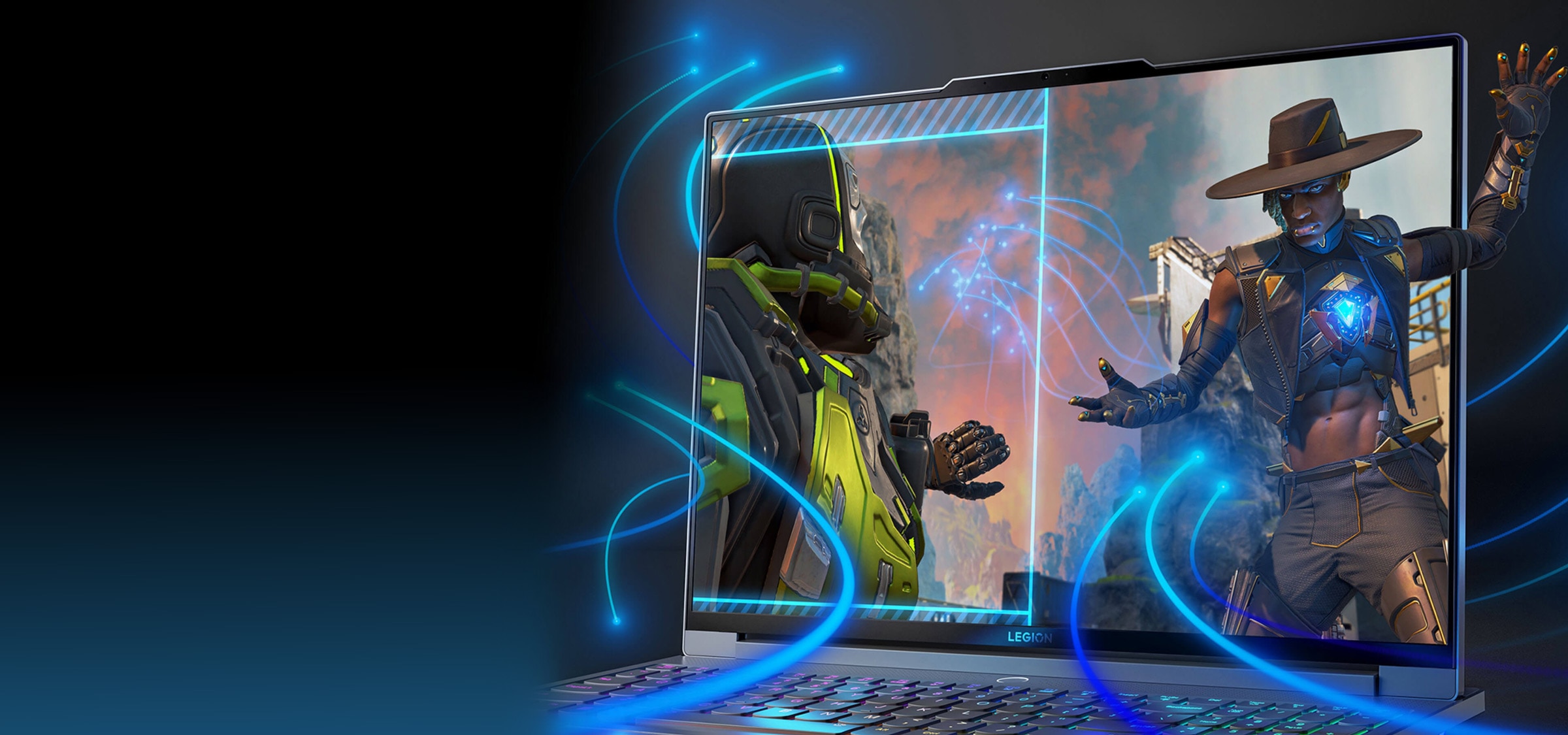 Front view of Legion 7 laptop open 90 degrees, angled to the left showing close up of display screen.