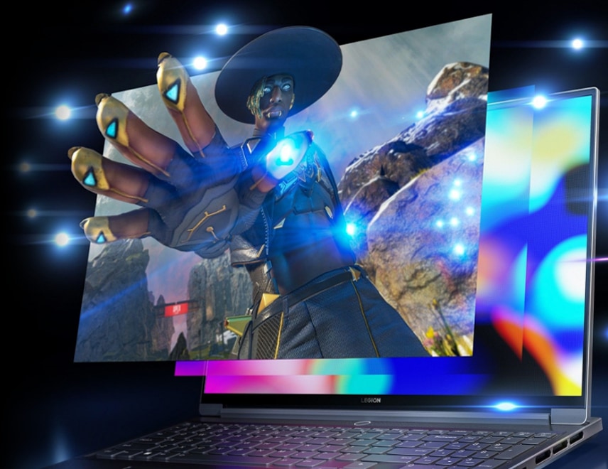 Front view of Legion 7 laptop open 90 degrees, angled to the left showing close up of display screen.