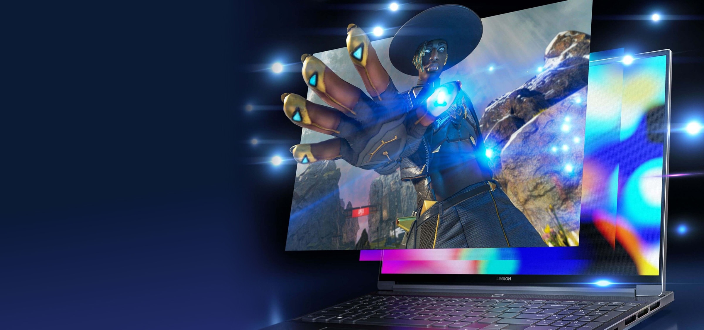 Front view of Legion 7 laptop open 90 degrees, angled to the left showing close up of display screen.