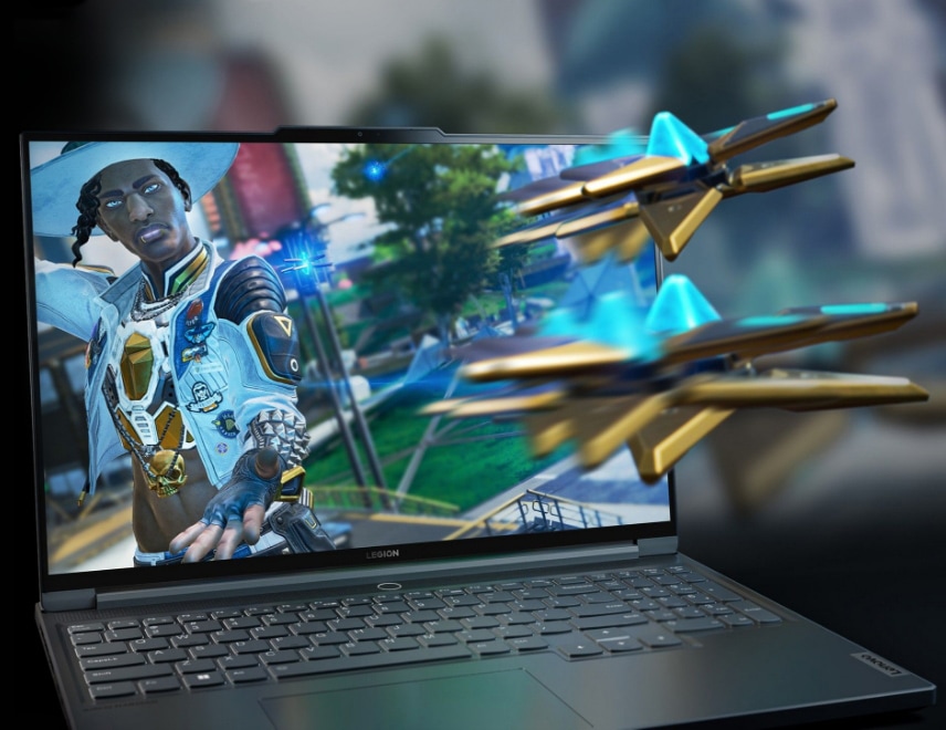 Front view of Legion laptop open 90 degrees, angled slightly to the right, showing keyboard and close up of display screen resolution.