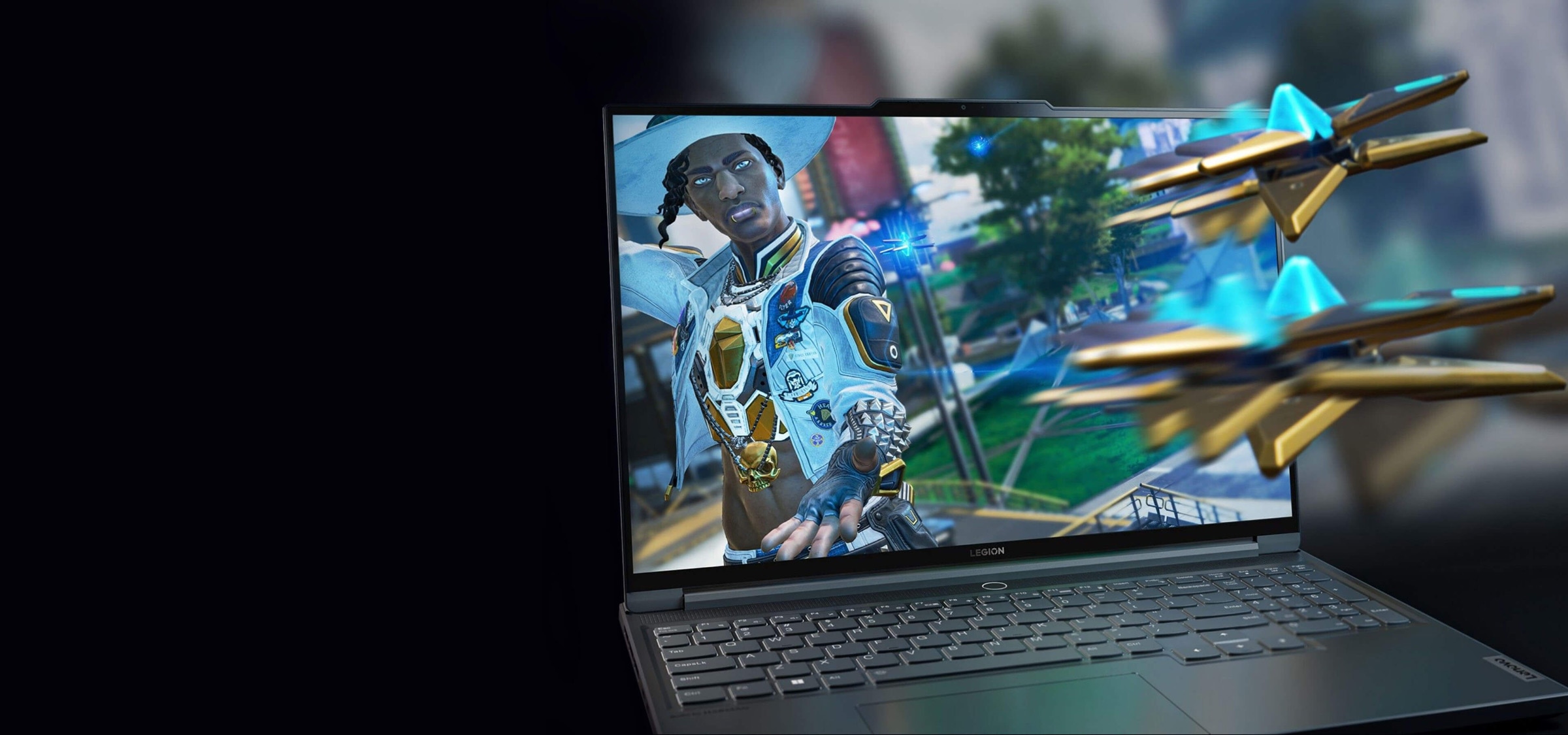 Front view of Legion laptop open 90 degrees, angled slightly to the right, showing keyboard and close up of display screen resolution.