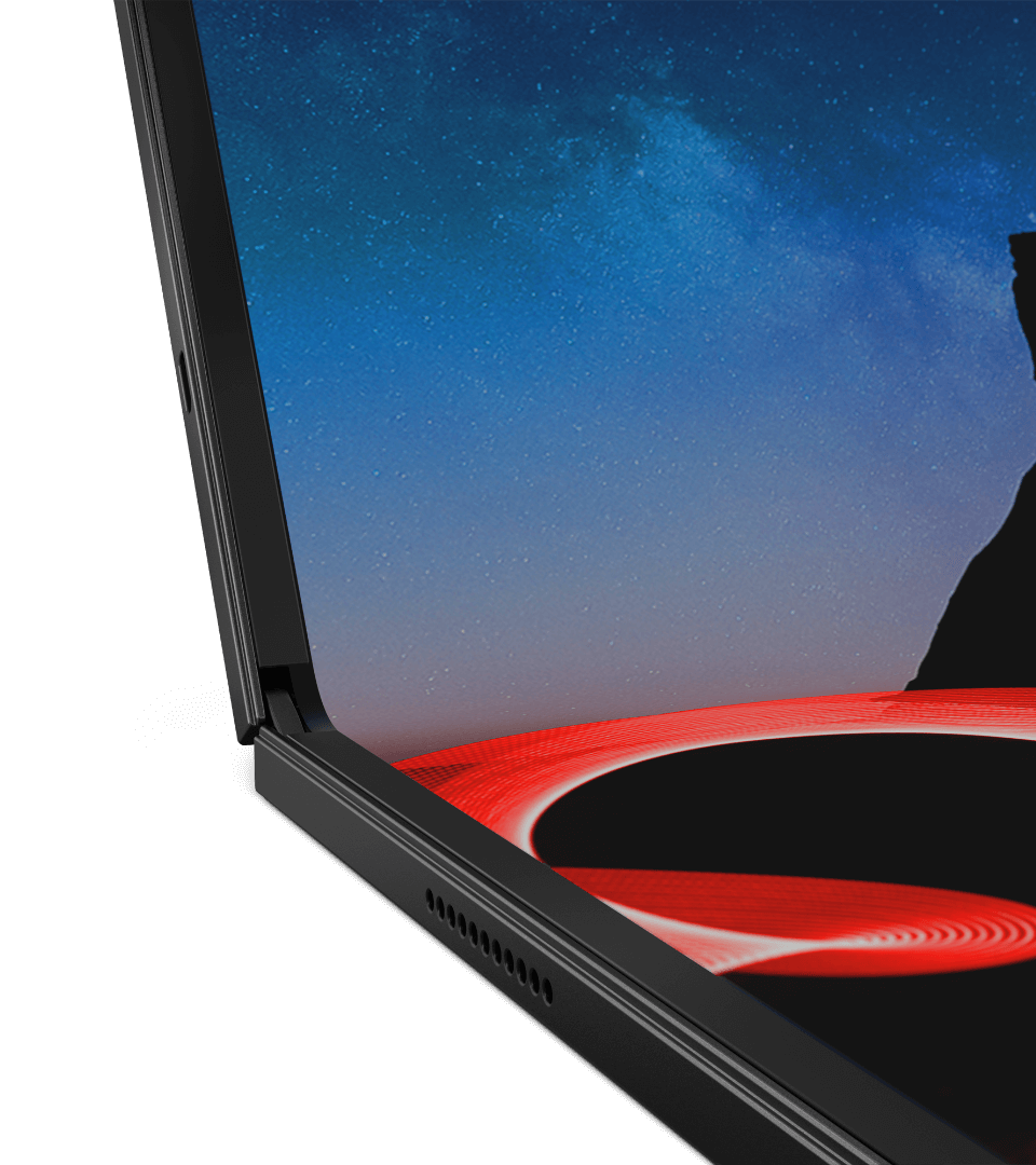 Close-up of the hinge & the OLED display Lenovo ThinkPad X1 Fold open in laptop mode.