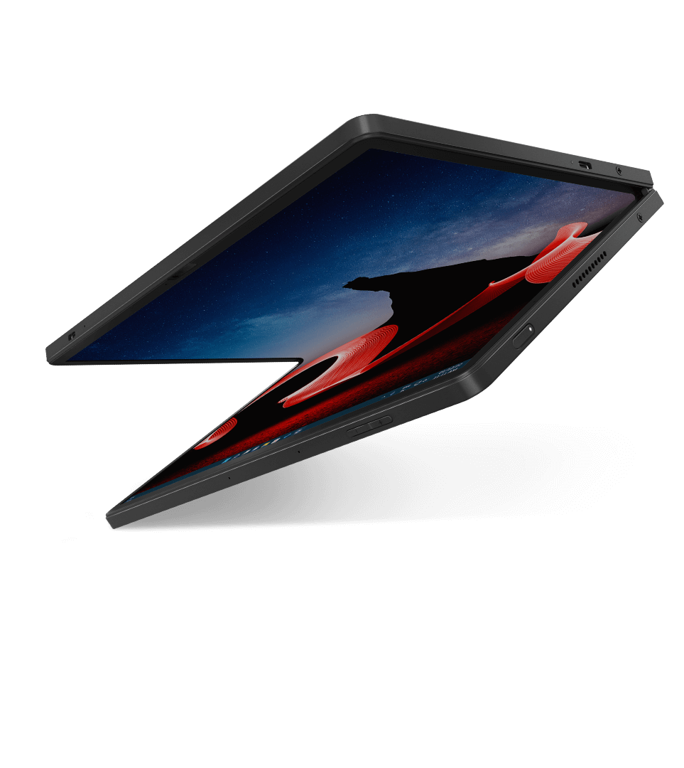Lenovo ThinkPad X1 Fold folded over on itself, open about 40 degrees, angled to show right-side ports & vents.