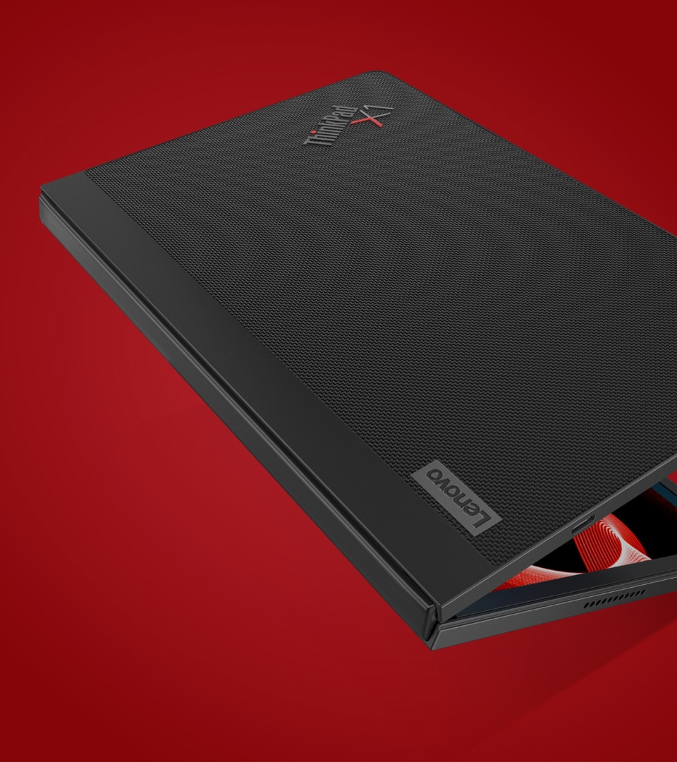 Recycled PET plastic Woven Performance Fabric cover on the Lenovo ThinkPad X1 Fold folded over in book mode. 